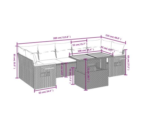 Set de sofás de jardín 8 pzas y cojines ratán sintético gris