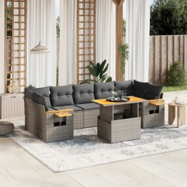 Set de sofás de jardín 8 pzas y cojines ratán sintético gris