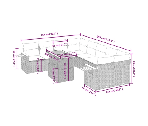 Set de sofás de jardín 9 pzas con cojines ratán sintético beige