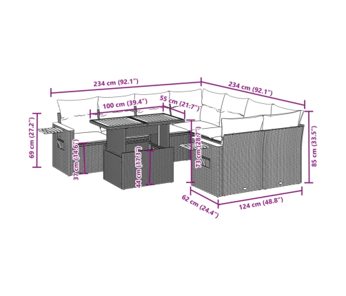 Set de sofás de jardín 9 pzas con cojines ratán sintético beige