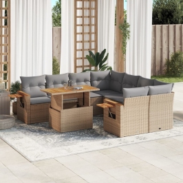Set de sofás de jardín 9 pzas con cojines ratán sintético beige