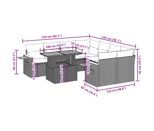 Set de muebles de jardín 9 pzas y cojines ratán sintético gris