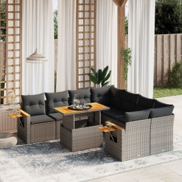 Set de muebles de jardín 9 pzas y cojines ratán sintético gris
