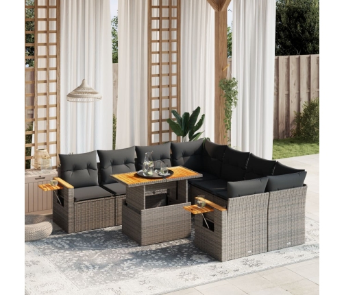 Set de muebles de jardín 9 pzas y cojines ratán sintético gris
