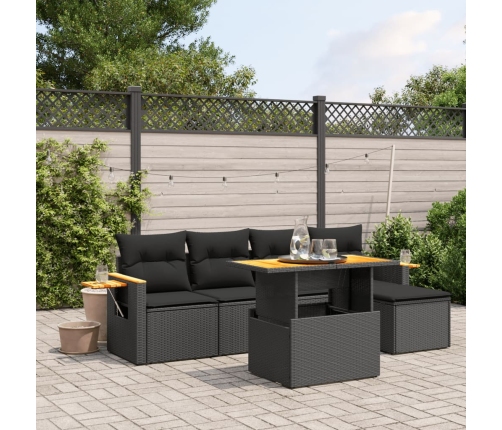 Set de sofás de jardín 6 piezas y cojines ratán sintético negro