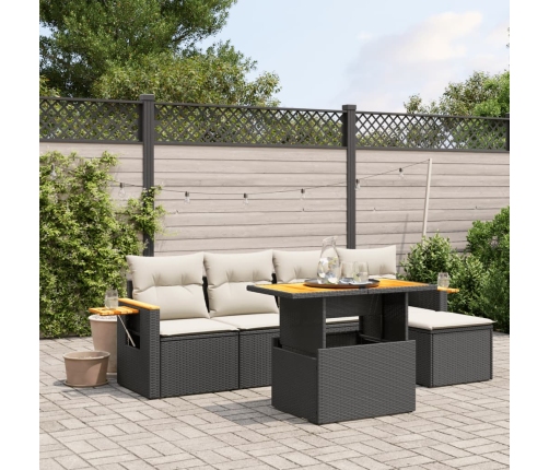 Set de sofás de jardín 6 piezas y cojines ratán sintético negro