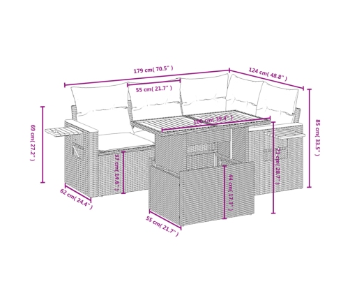 Set de muebles de jardín 5 pzas y cojines ratán sintético negro