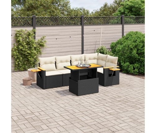 Set de sofás de jardín 6 piezas y cojines ratán sintético negro