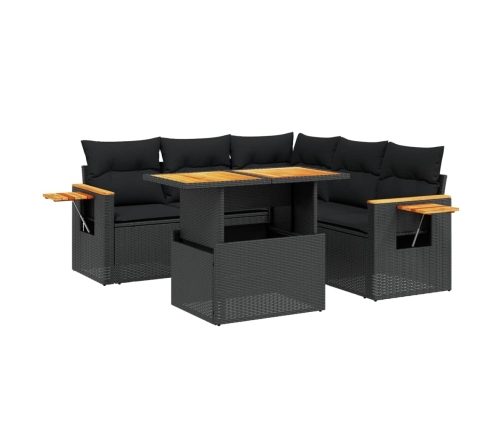 Set de sofás de jardín 6 piezas y cojines ratán sintético negro