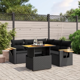 Set de sofás de jardín 6 piezas y cojines ratán sintético negro