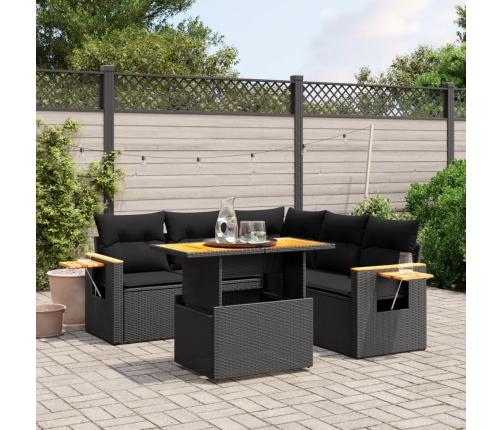 Set de sofás de jardín 6 piezas y cojines ratán sintético negro