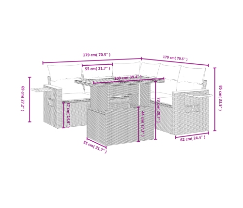 Set de muebles de jardín 6 pzas y cojines ratán sintético gris