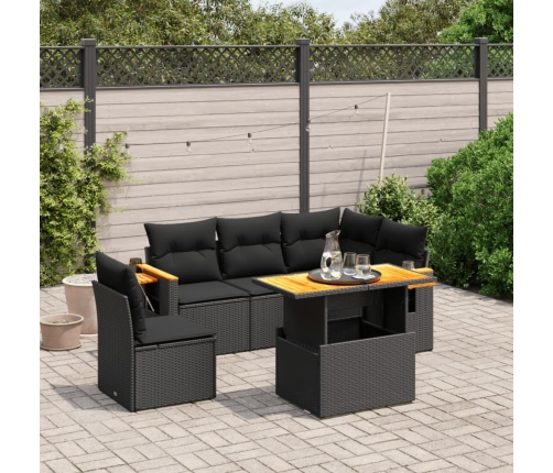 Set de sofás de jardín 6 piezas y cojines ratán sintético negro