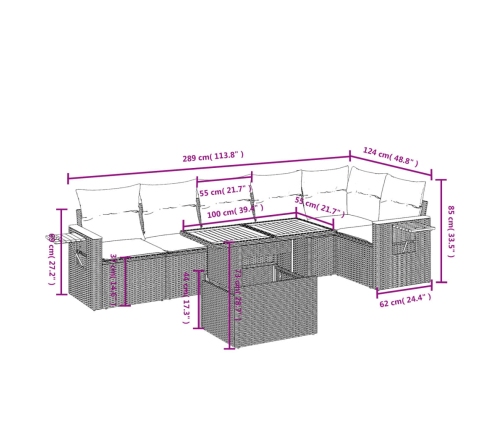 Set sofás de jardín 7 piezas y cojines ratán sintético beige