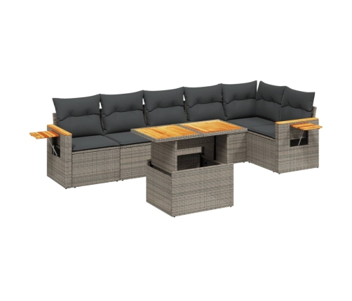 Set de sofás de jardín 7 piezas con cojines ratán PE gris