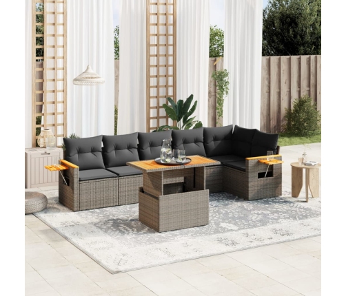 Set de sofás de jardín 7 piezas con cojines ratán PE gris