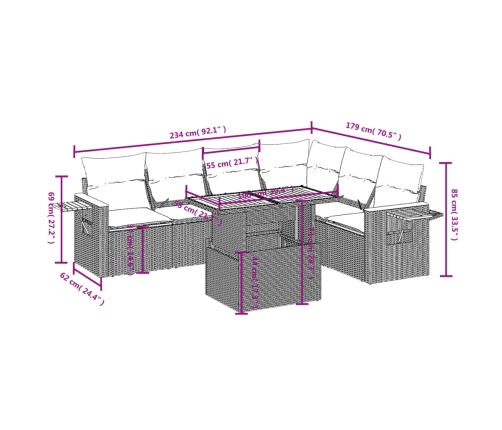 Set de comedor de jardín 7 pzas y cojines ratán sintético negro