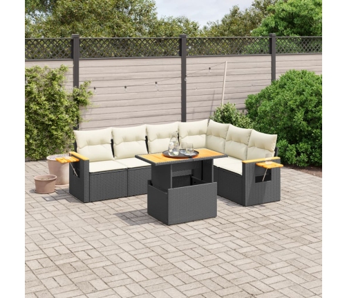 Set de comedor de jardín 7 pzas y cojines ratán sintético negro