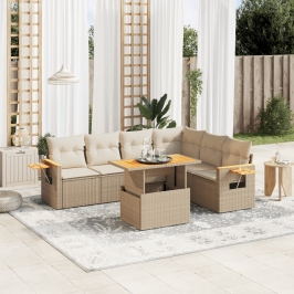 Set sofás de jardín 7 piezas y cojines ratán sintético beige