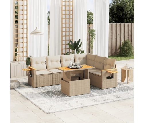 Set sofás de jardín 7 piezas y cojines ratán sintético beige