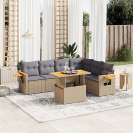 Set sofás de jardín 7 piezas y cojines ratán sintético beige