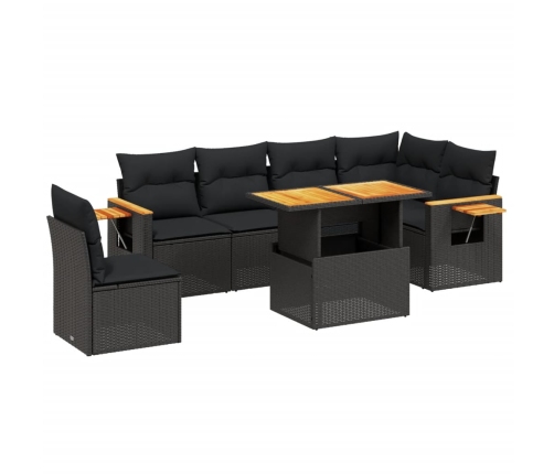 Set de comedor de jardín 7 pzas y cojines ratán sintético negro