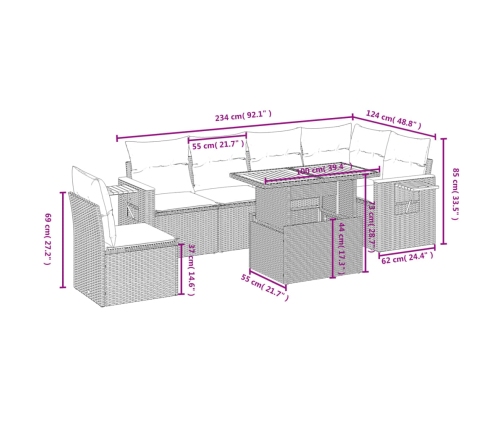 Set de comedor de jardín 7 pzas y cojines ratán sintético negro