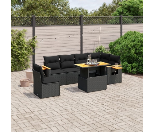 Set de comedor de jardín 7 pzas y cojines ratán sintético negro