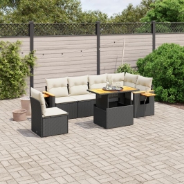 Set de comedor de jardín 7 pzas y cojines ratán sintético negro