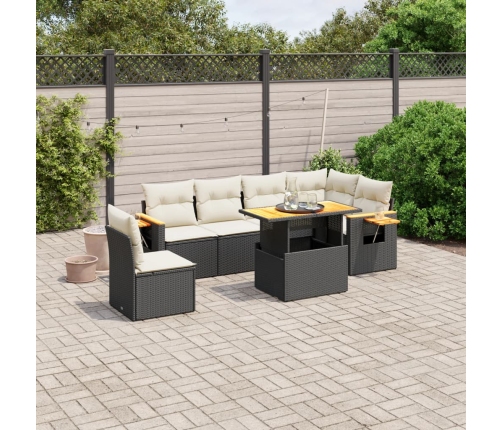 Set de comedor de jardín 7 pzas y cojines ratán sintético negro