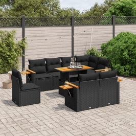 Set de sofás de jardín 8 piezas y cojines ratán sintético negro