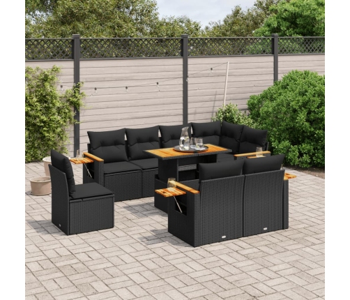 Set de sofás de jardín 8 piezas y cojines ratán sintético negro