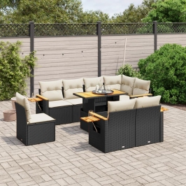Set de sofás de jardín 8 piezas y cojines ratán sintético negro