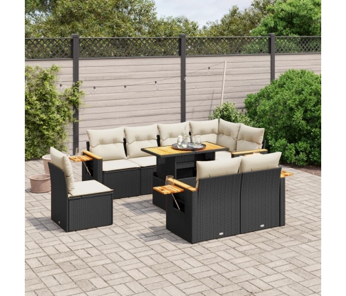 Set de sofás de jardín 8 piezas y cojines ratán sintético negro