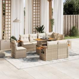 Set de sofás de jardín 9 pzas con cojines ratán sintético beige