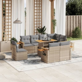 Set de sofás de jardín 9 pzas con cojines ratán sintético beige