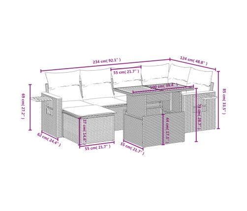 Set de comedor de jardín 7 pzas y cojines ratán sintético negro