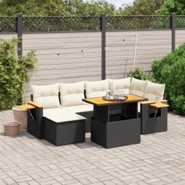 Set de comedor de jardín 7 pzas y cojines ratán sintético negro