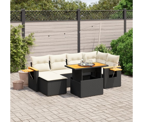 Set de comedor de jardín 7 pzas y cojines ratán sintético negro