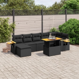 Set de sofás de jardín 8 piezas y cojines ratán sintético negro