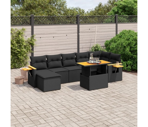 Set de sofás de jardín 8 piezas y cojines ratán sintético negro