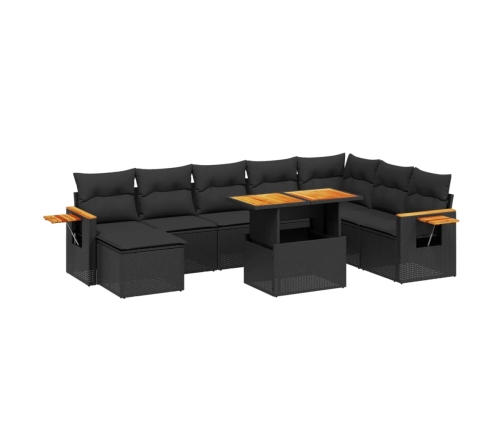 Set de sofás de jardín 8 piezas y cojines ratán sintético negro