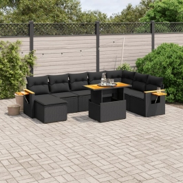 Set de sofás de jardín 8 piezas y cojines ratán sintético negro