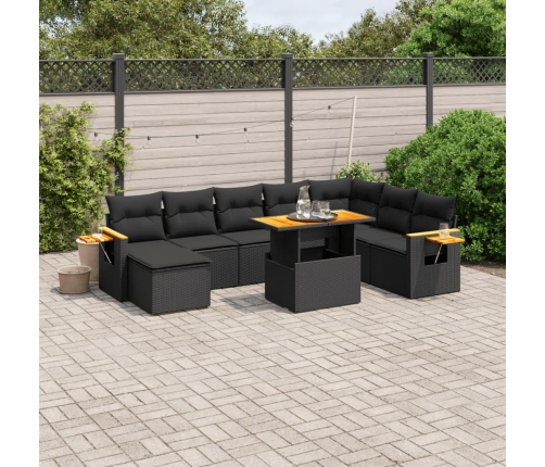 Set de sofás de jardín 8 piezas y cojines ratán sintético negro