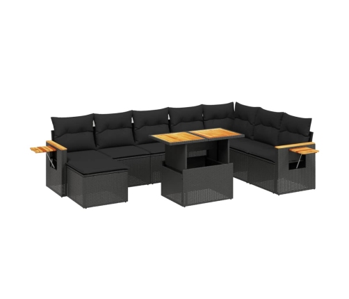 Set de sofás de jardín 8 piezas y cojines ratán sintético negro