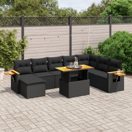 Set de sofás de jardín 8 piezas y cojines ratán sintético negro