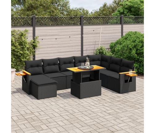 Set de sofás de jardín 8 piezas y cojines ratán sintético negro