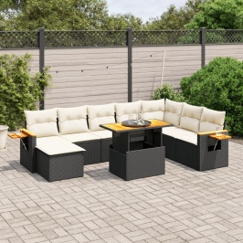 Set de sofás de jardín 8 piezas y cojines ratán sintético negro