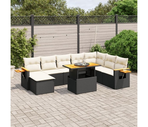 Set de sofás de jardín 8 piezas y cojines ratán sintético negro