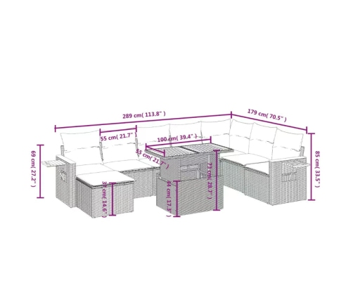 Set de sofás de jardín 9 pzas con cojines ratán sintético beige